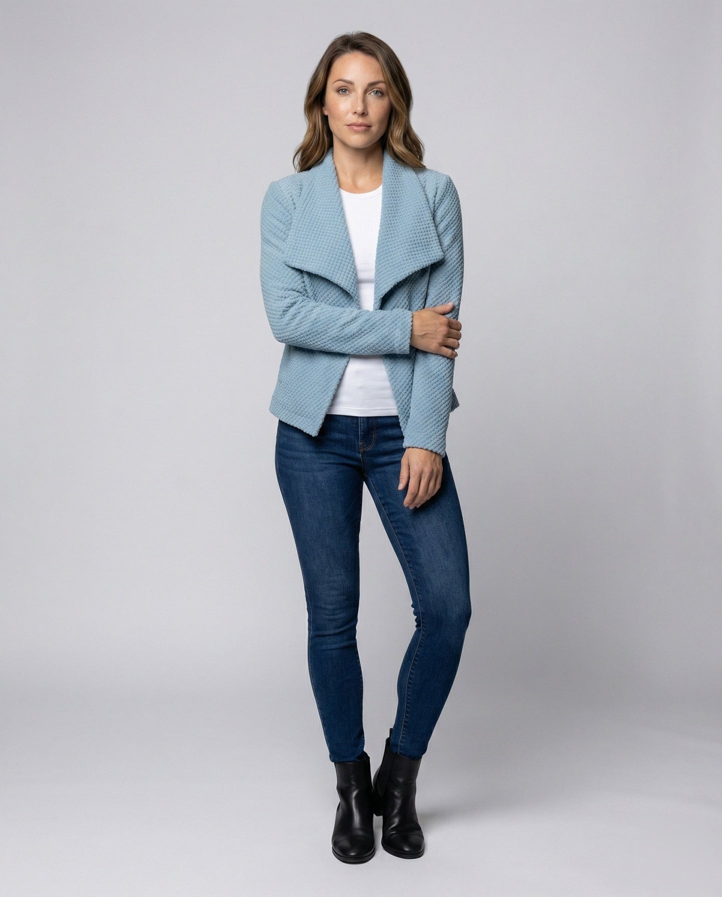 Damen Bouclé Kurzcardigan Wasserfallkragen - Eveloria