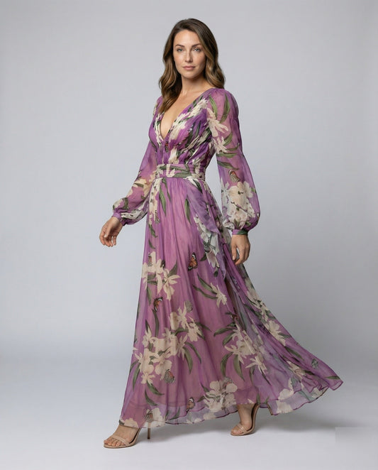 Damen Maxikleid Chiffon Ballonärmel - Eveloria