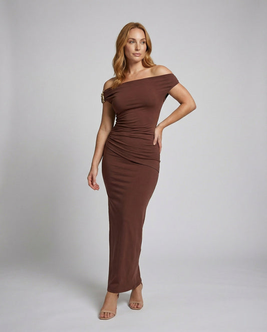 Damen Abendkleid Maxikleid Carmen Ausschnitt Figurbetont Schwarz - Eveloria