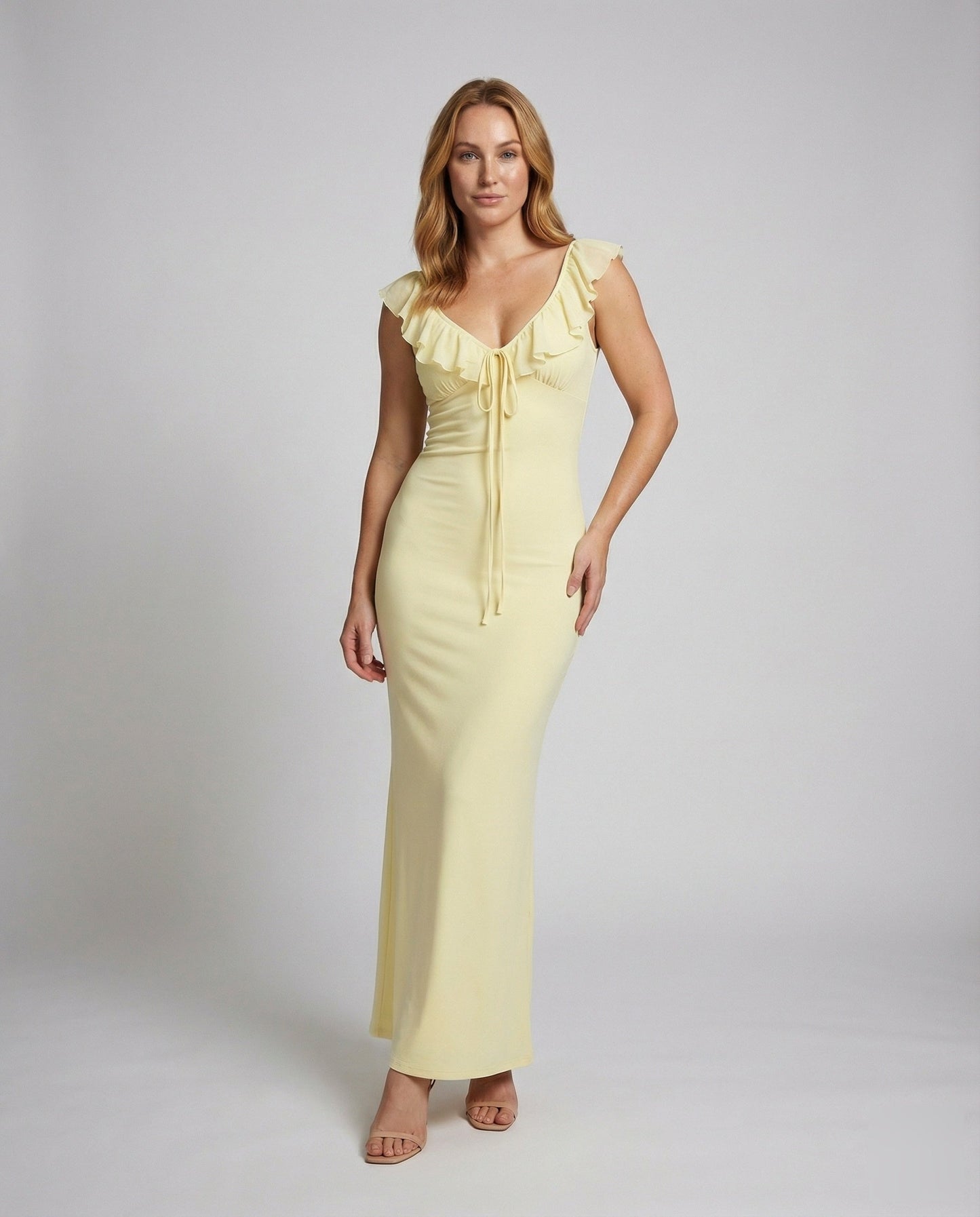 Damen Jersey Midikleid Rüschen Elegant - Eveloria