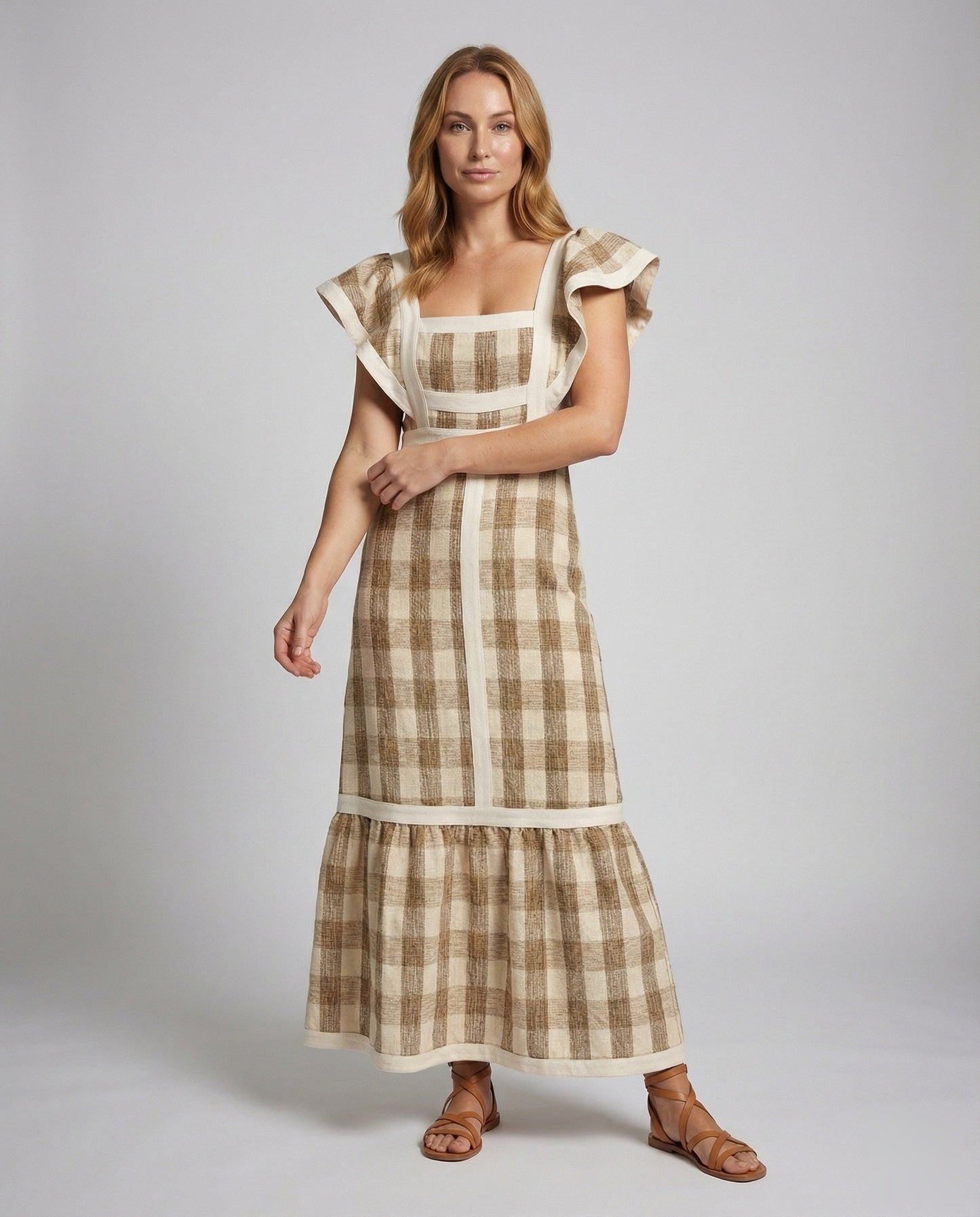 Damen Maxikleid Kariert Rüschenträger - Eveloria