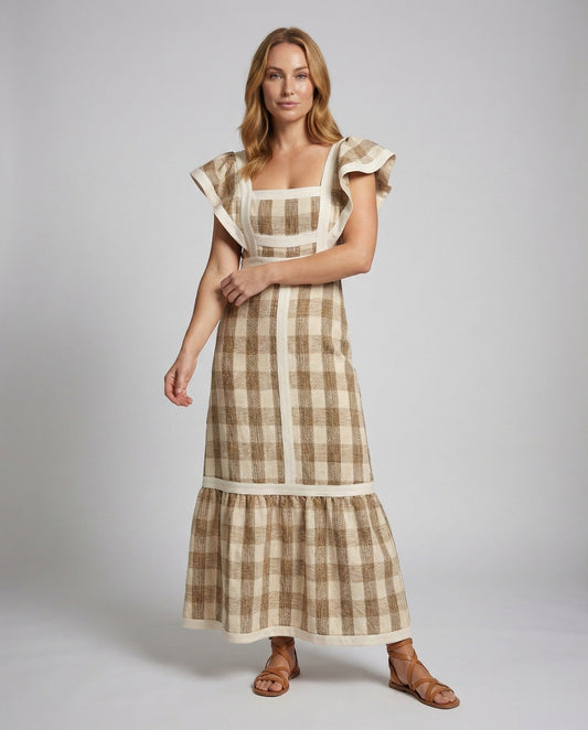 Damen Maxikleid Kariert Rüschenträger - Eveloria
