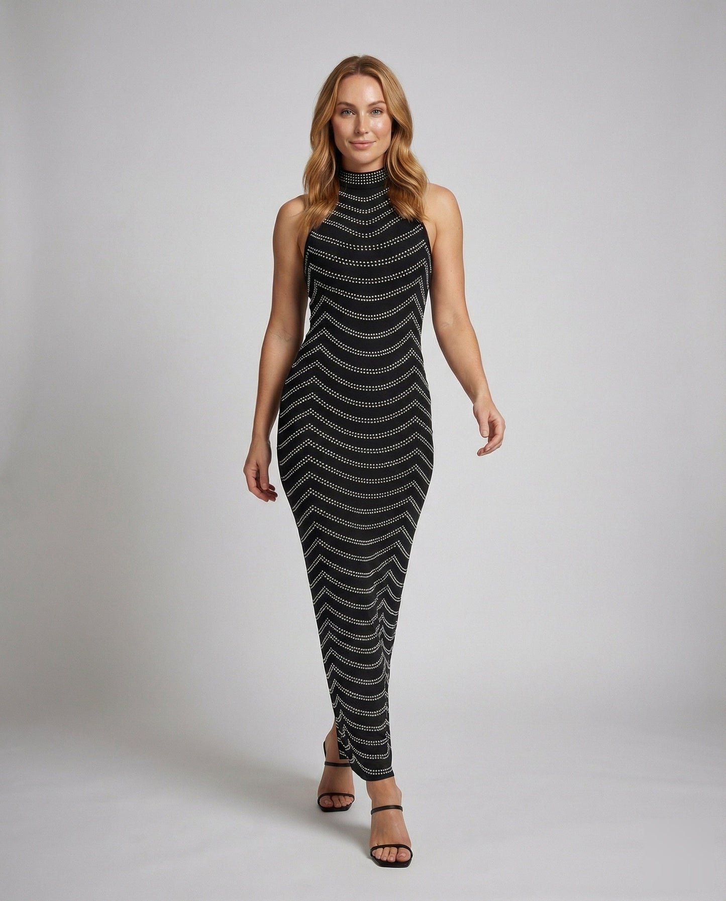 Damen Mesh Maxikleid Figurbetont Strass Schwarz - Eveloria