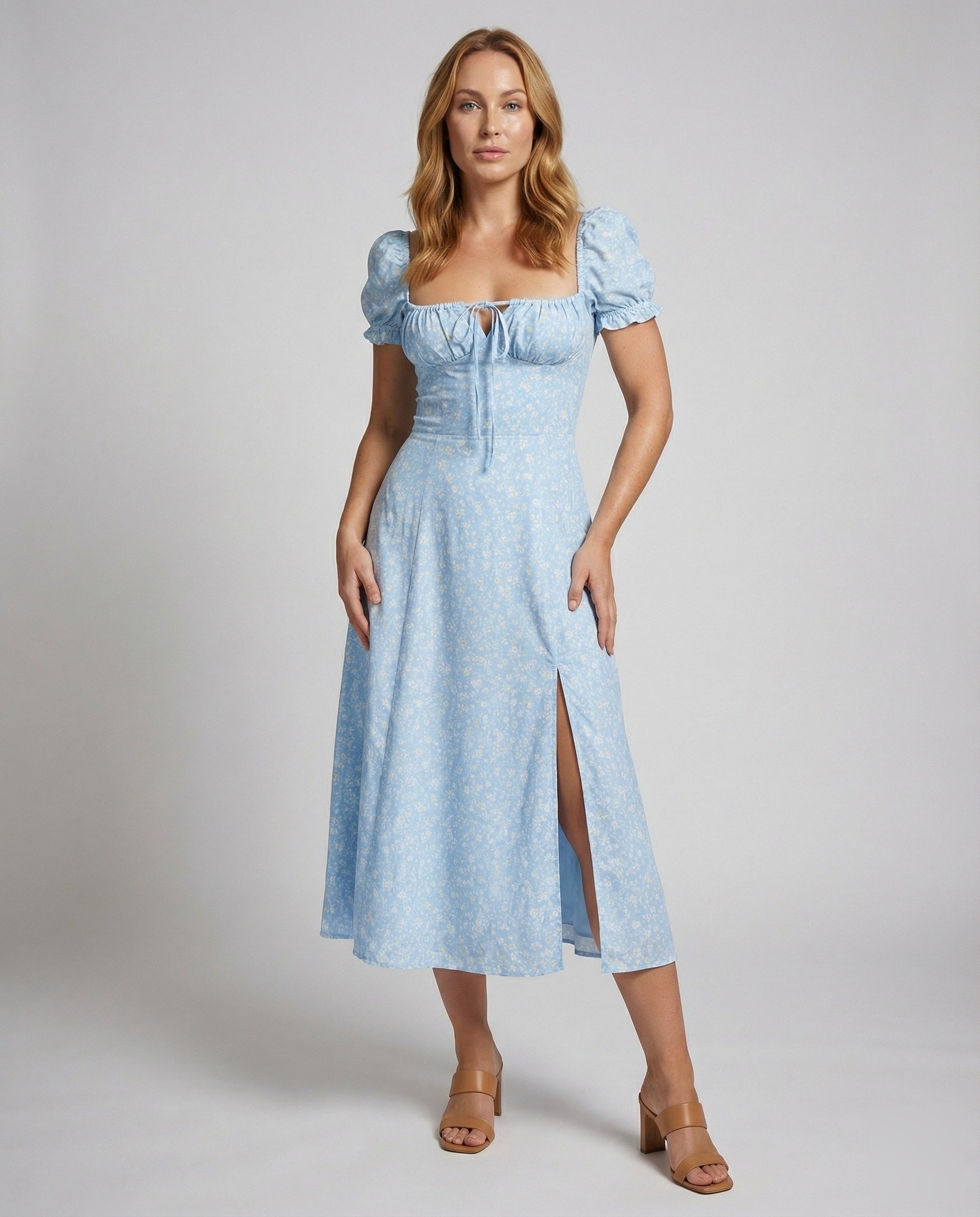 Damen Midikleid Landhausstil Figurbetont Baumwolle - Eveloria