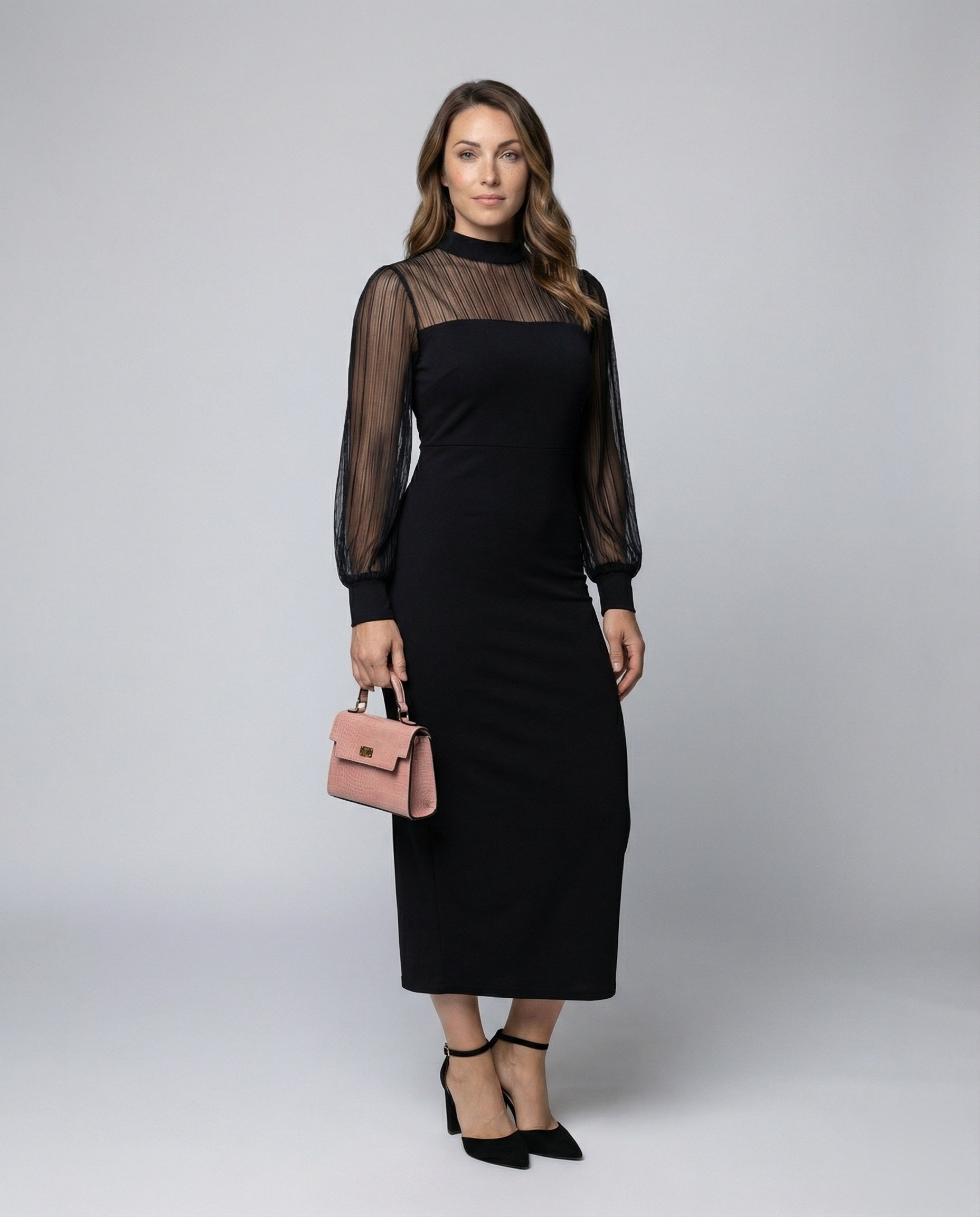 Damen Midikleid Streifen Tüll Figurbetont Schwarz - Eveloria
