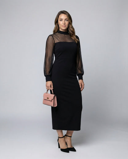 Damen Midikleid Streifen Tüll Figurbetont Schwarz - Eveloria