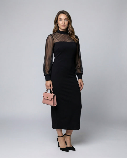 Damen Midikleid Streifen Tüll Figurbetont Schwarz - Eveloria