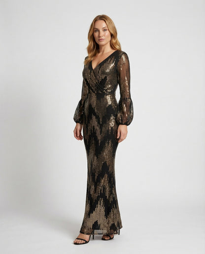 Damen Abendkleid Paillettenbesatz Ballonärmel - Eveloria