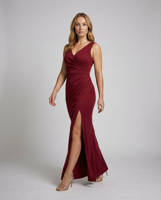 Damen Satin Maxikleid Wickel-Oberteil Figurbetont Schwarz - Eveloria