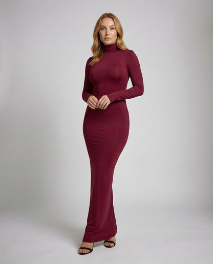 Damen Rollkragen Maxikleid Formjersey Figurnah Schwarz - Eveloria