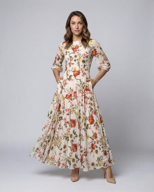 Damen Maxikleid Chiffon Blumenprint - Eveloria