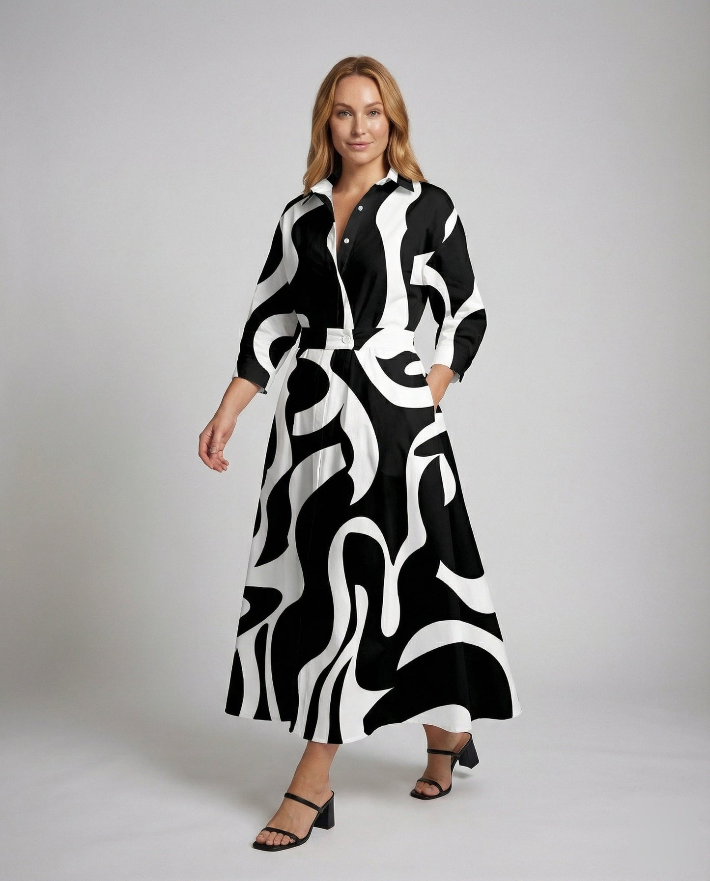 Damen Maxi-Kleid Fließendes Hemdblusen-Design Grafikprint - Eveloria