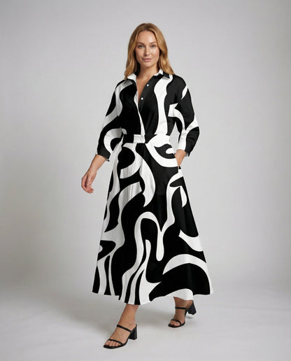 Damen Maxi-Kleid Fließendes Hemdblusen-Design Grafikprint - Eveloria