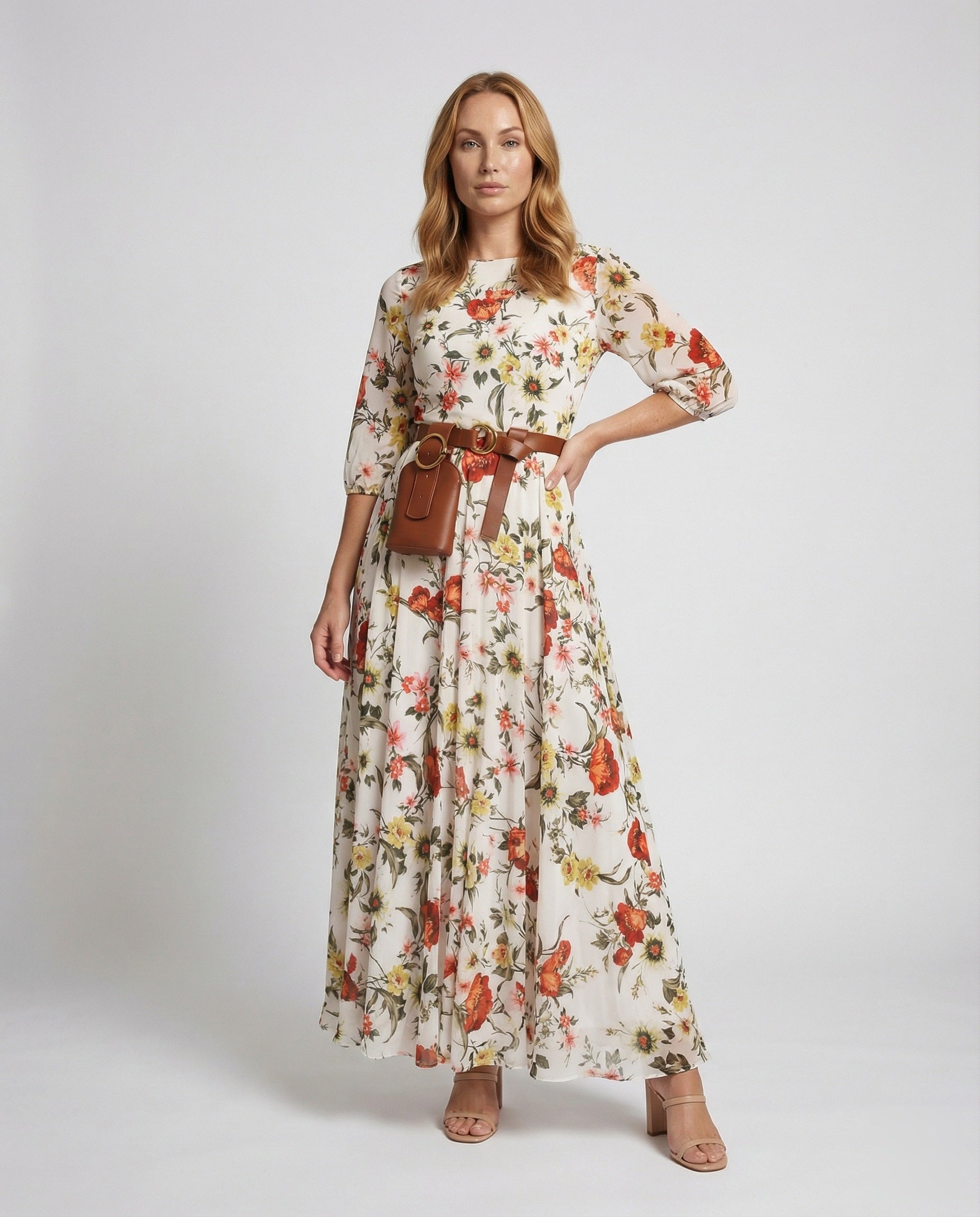 Damen Maxikleid Plissee mit Gürteltasche Fließend - Eveloria