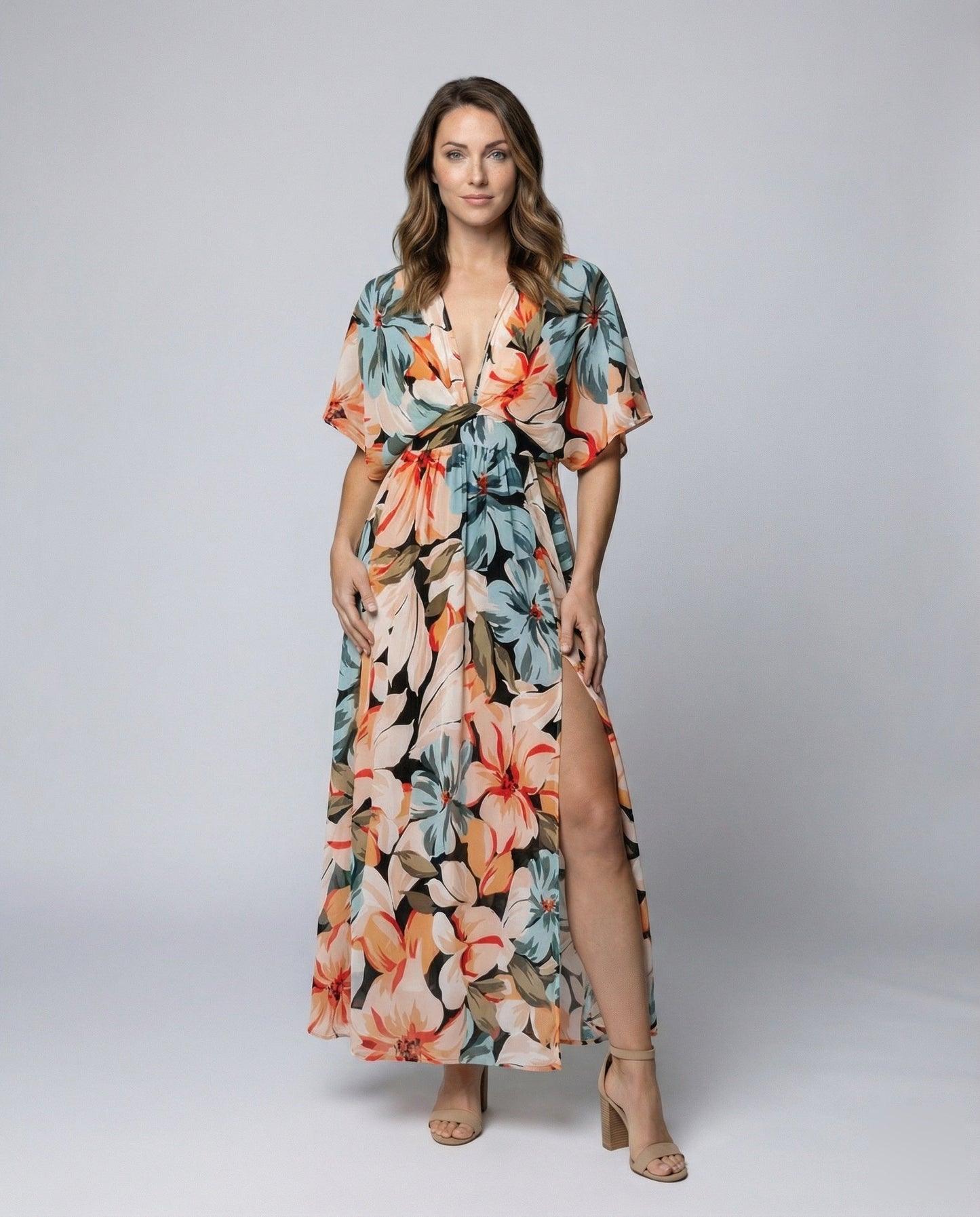 Damen Maxikleid Floral Kimonoärmel - Eveloria