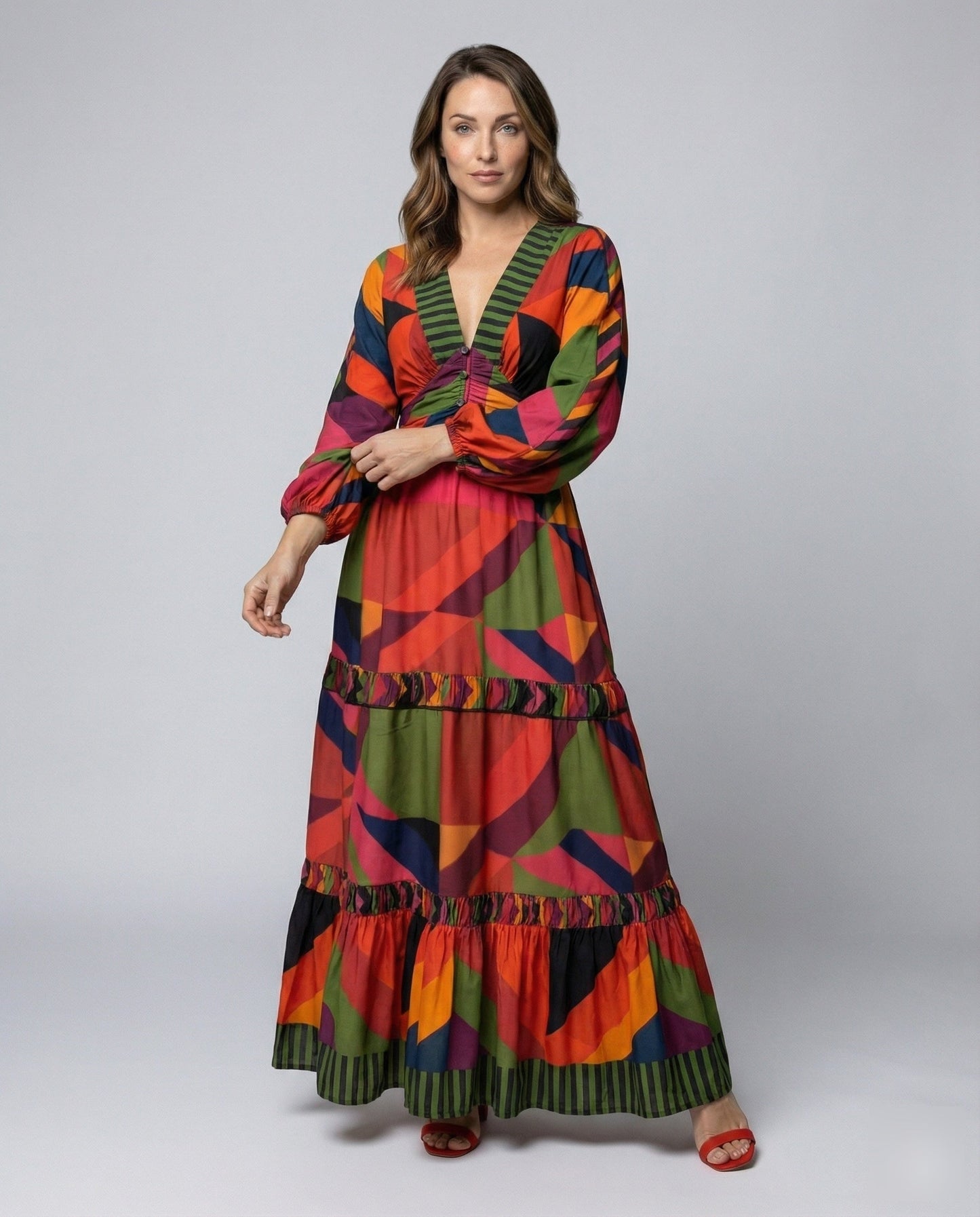 Damen Maxikleid Geometrisches Muster Ballonärmel - Eveloria