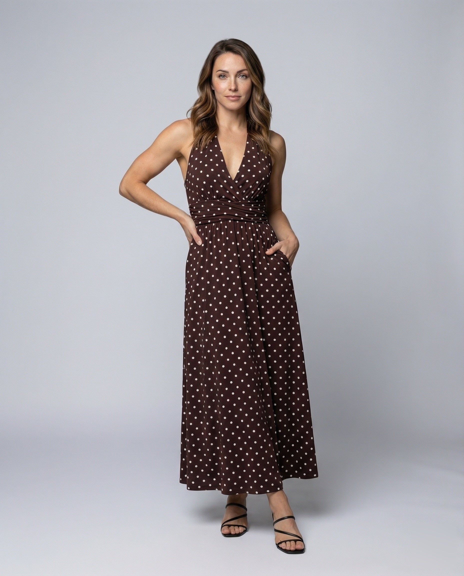 Damen Maxikleid Gepunktet Raffung Schwarz - Eveloria