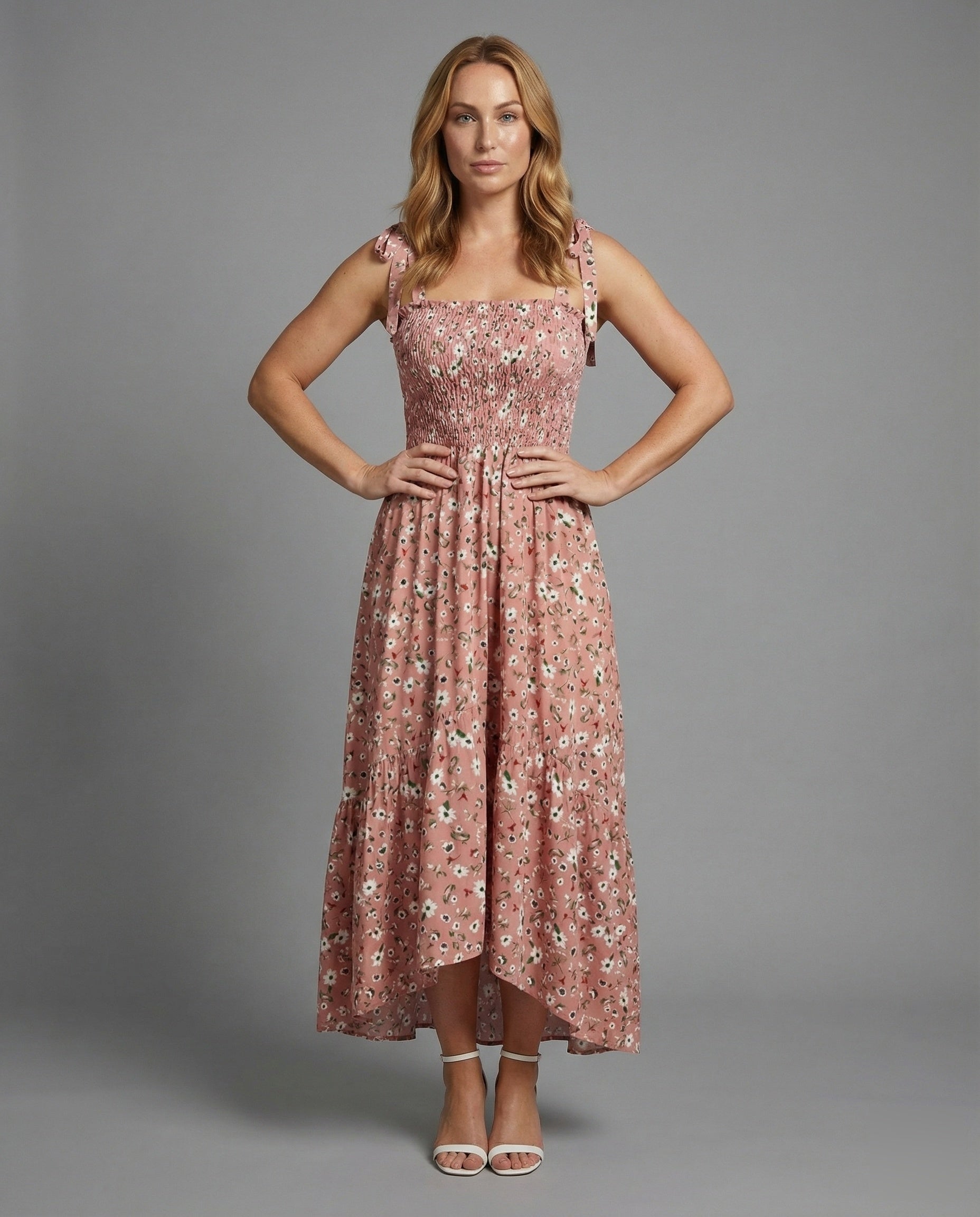Damen Maxikleid Gesmokt Schleifen-Träger - Eveloria