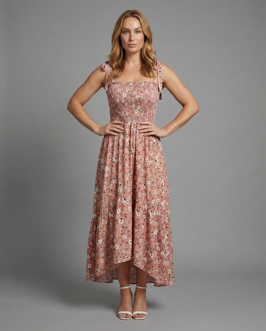 Damen Maxikleid Gesmokt Schleifen-Träger - Eveloria
