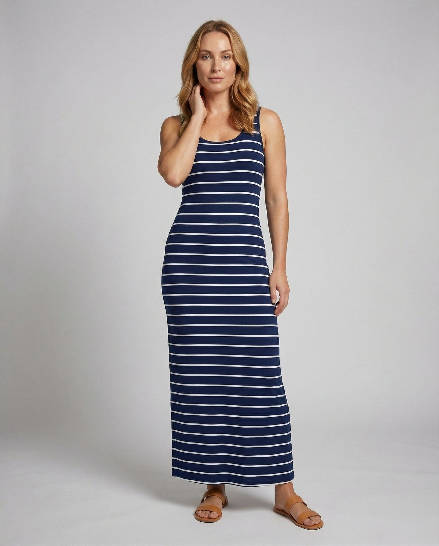 Damen Maxikleid Gestreift Jersey Schmale Träger - Eveloria