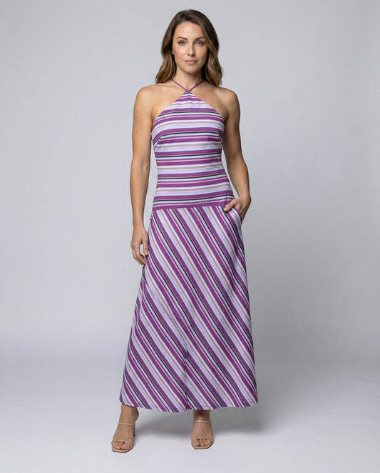 Damen Maxikleid mit Diagonalstreifen Baumwolle Streifen Schwarzweiß - Eveloria