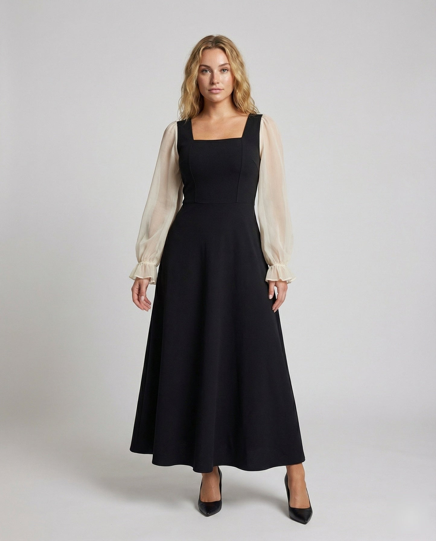 Damen Maxikleid A-Linie Organza Ärmel Schwarz - Eveloria