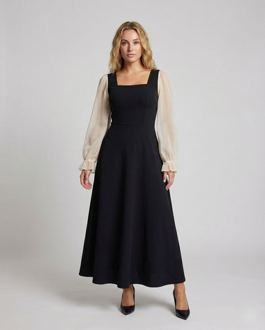 Damen Maxikleid A-Linie Organza Ärmel Schwarz - Eveloria