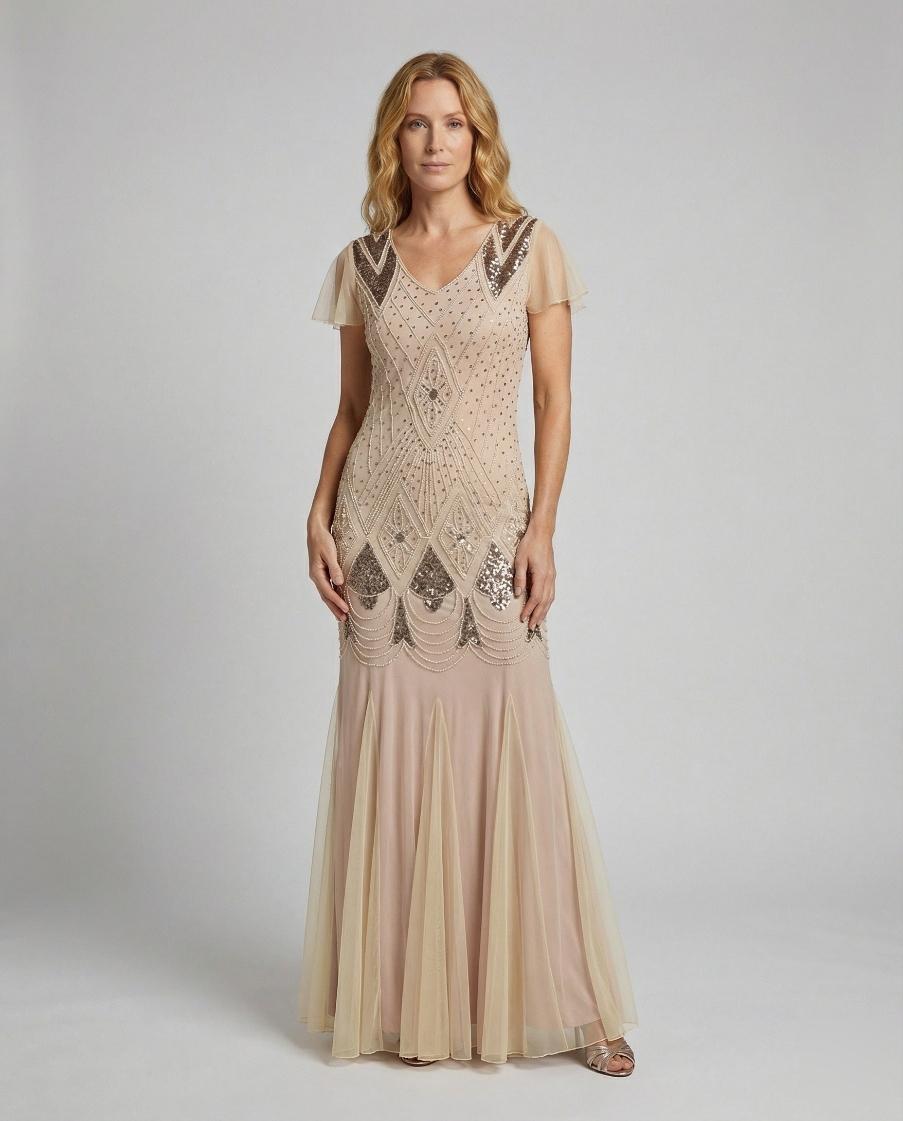 Damen Abendrobe Art Deco Pailletten Tüll Schwarz - Eveloria