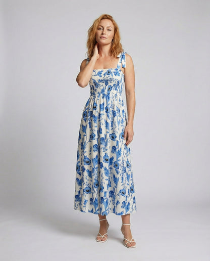 Damen Maxikleid Baumwollmix Smok-Oberteil - Eveloria