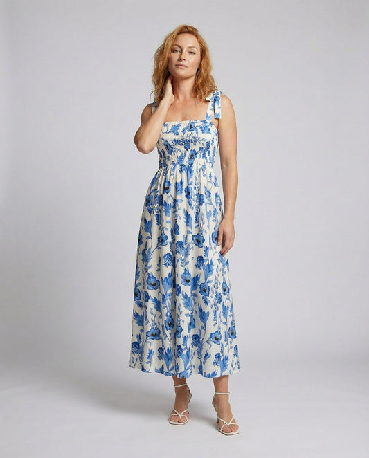 Damen Maxikleid Baumwollmix Smok-Oberteil - Eveloria
