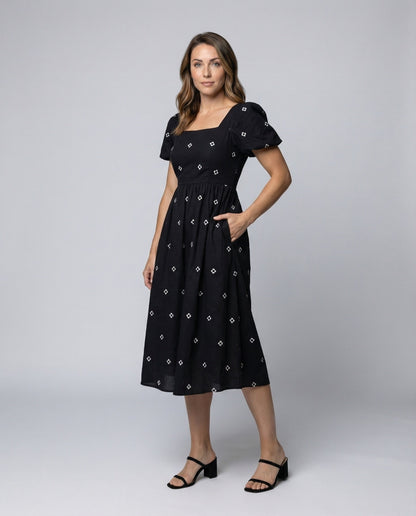 Damen Midikleid mit Puffärmeln bestickt - Eveloria