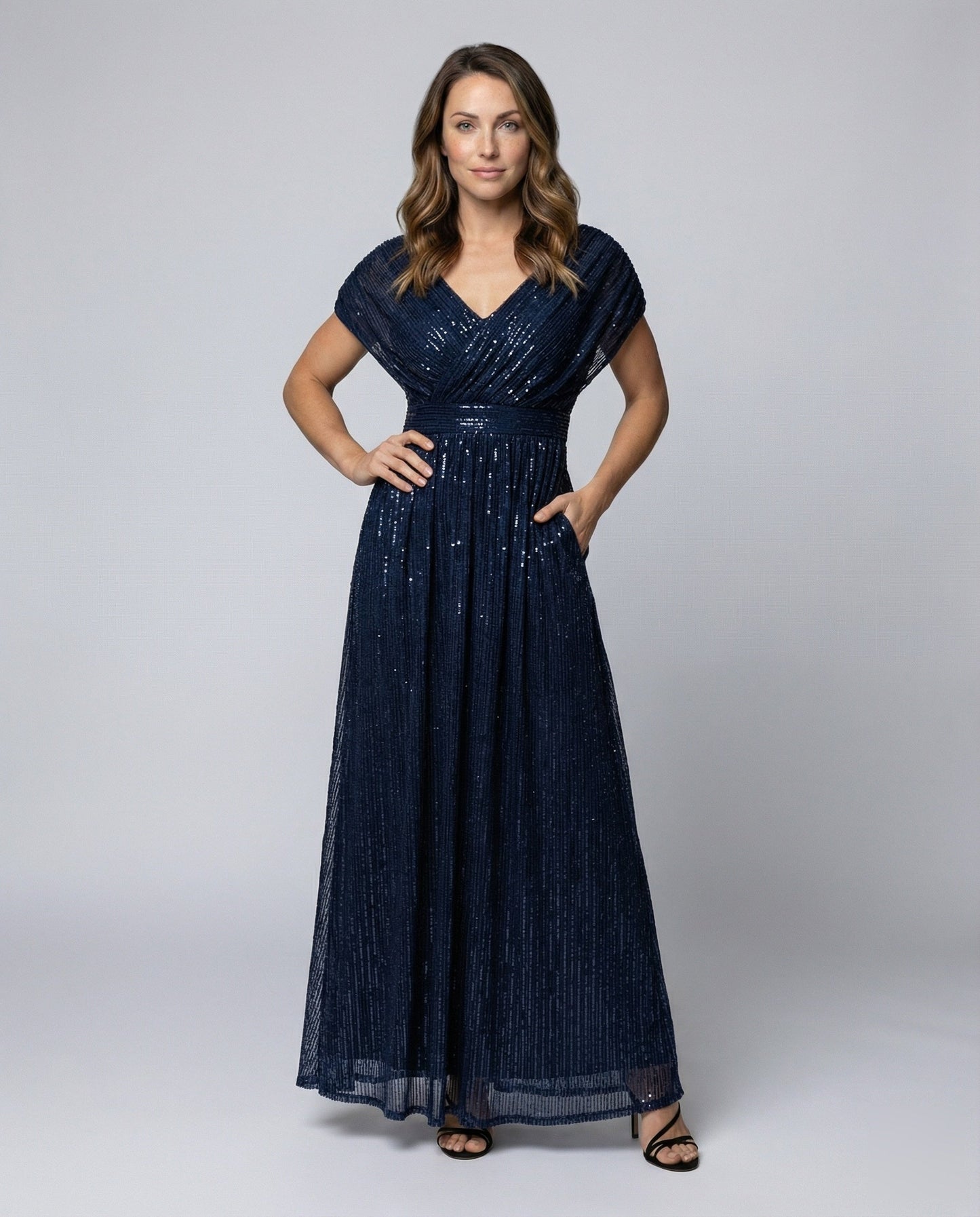 Damen Abendkleid Bodenlang V-Ausschnitt Glanztüll - Eveloria