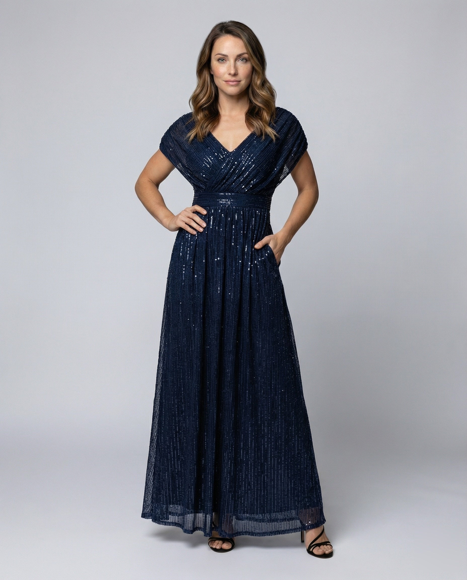 Damen Abendkleid Bodenlang V-Ausschnitt Glanztüll - Eveloria