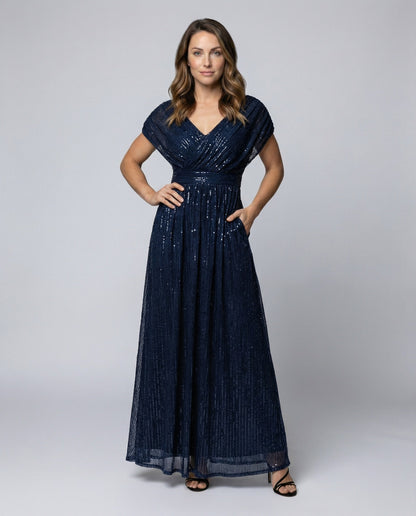 Damen Abendkleid Bodenlang V-Ausschnitt Glanztüll - Eveloria