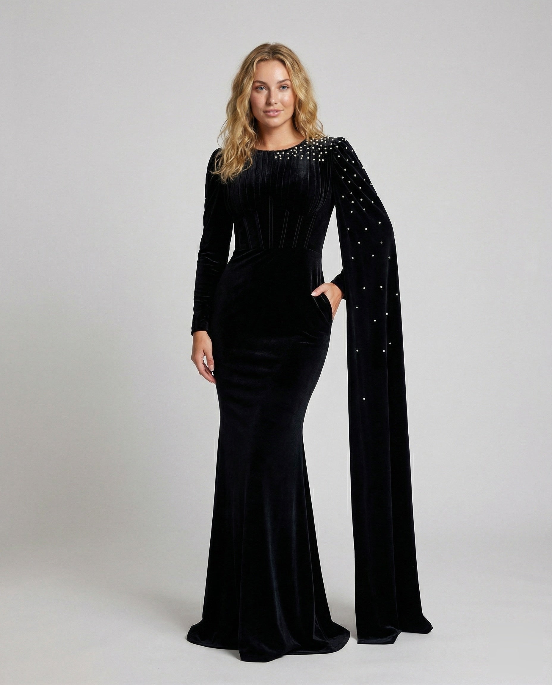 Damen Abendkleid Samt Perlencape Schwarz - Eveloria