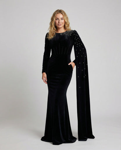 Damen Abendkleid Samt Perlencape Schwarz - Eveloria