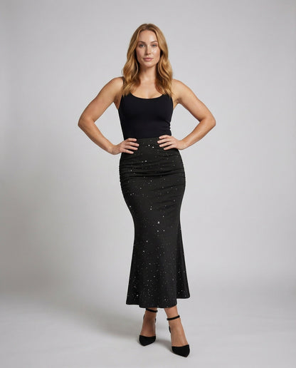 Damen Midirock Stretch Sternenprint Schwarz - Eveloria