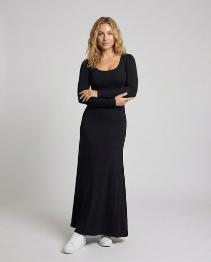 Damen Maxikleid Rundhalsausschnitt Figurbetont Schwarz - Eveloria