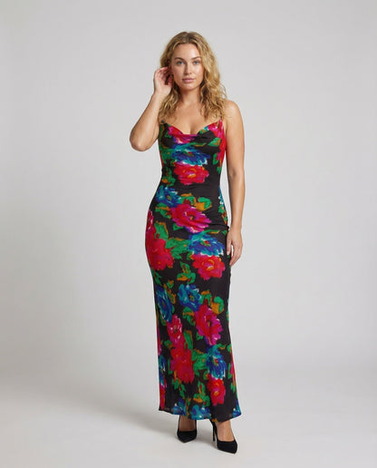 Damen Maxikleid Figurbetont Wellenprint - Eveloria
