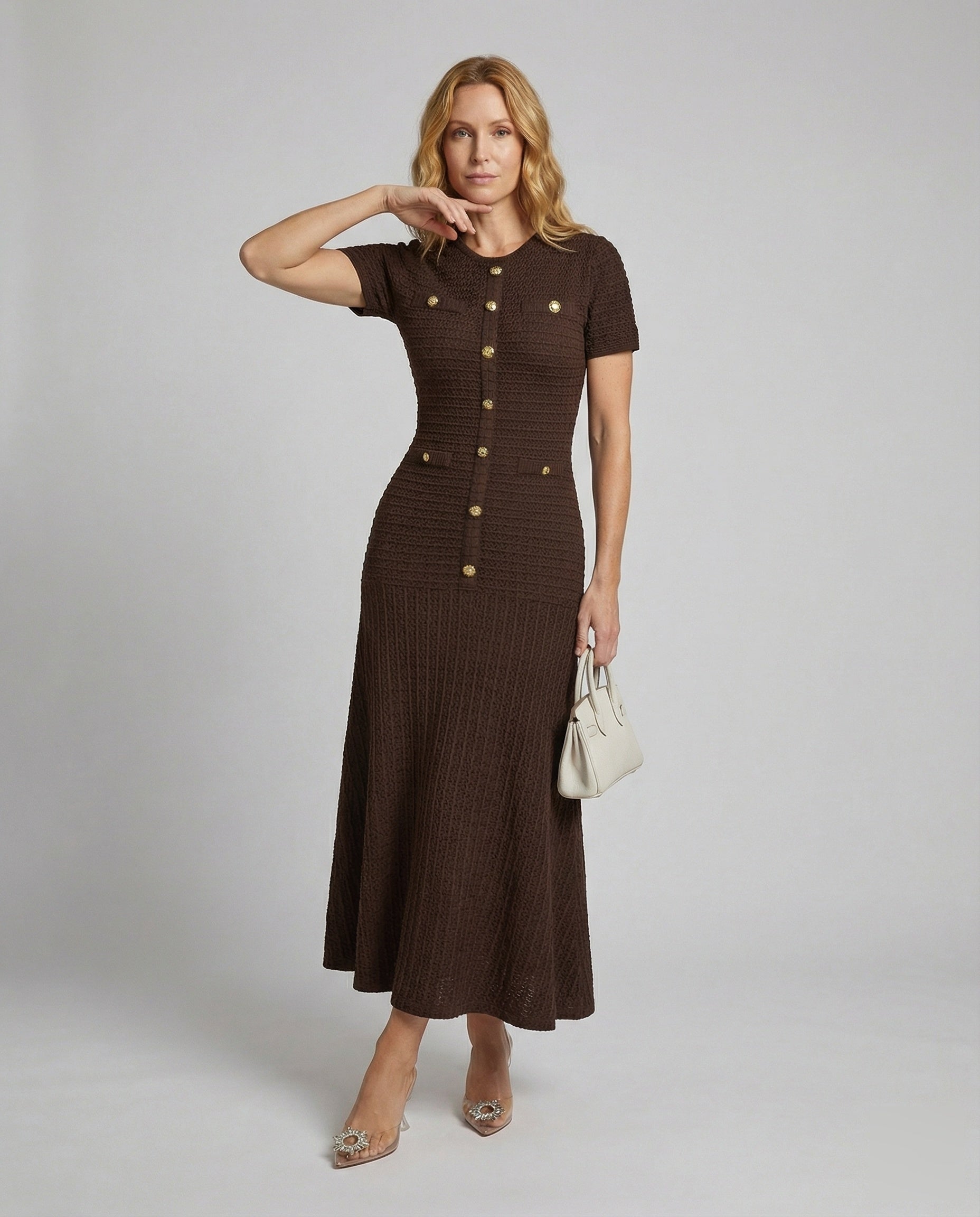 Damen Maxikleid Waffelstrick Figurbetont Schwarz - Eveloria