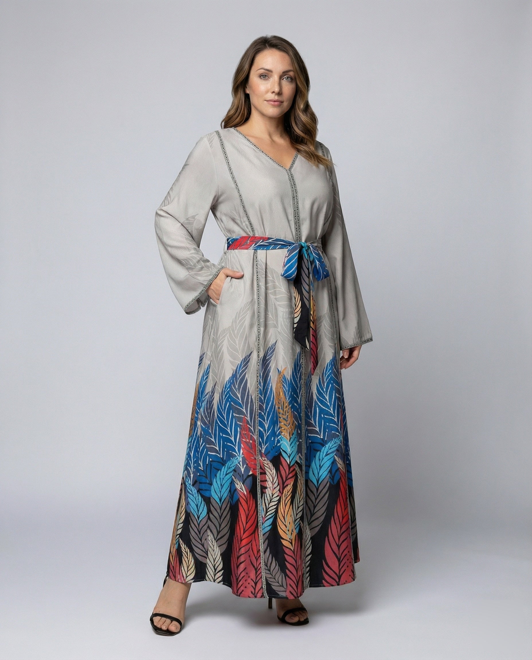 Damen Maxikleid Blattprint Fließend - Eveloria