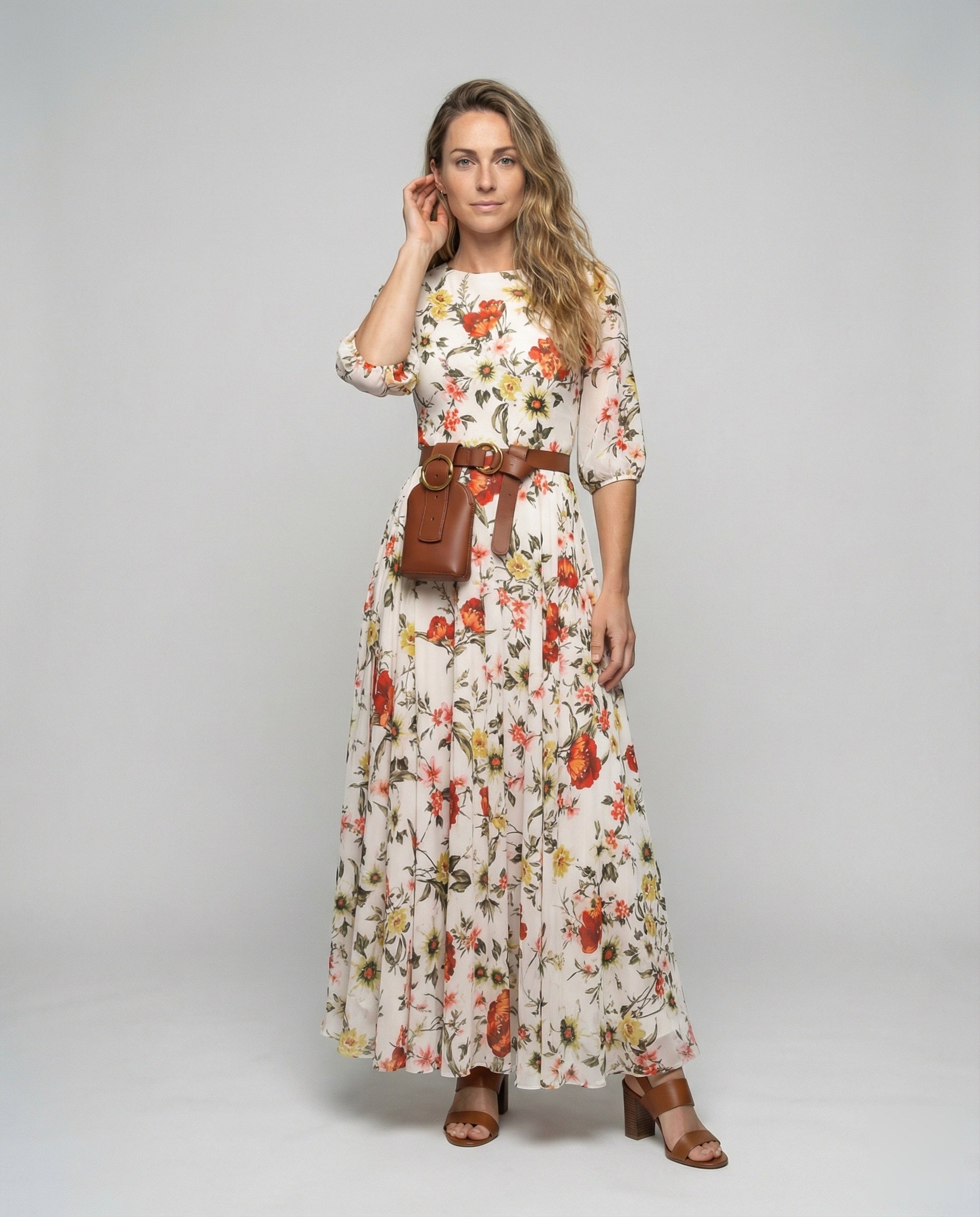 Damen Maxikleid Chiffon Blumenmuster Ballonärmel - Eveloria