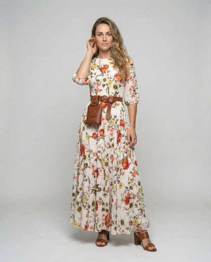 Damen Maxikleid Chiffon Blumenmuster Ballonärmel - Eveloria