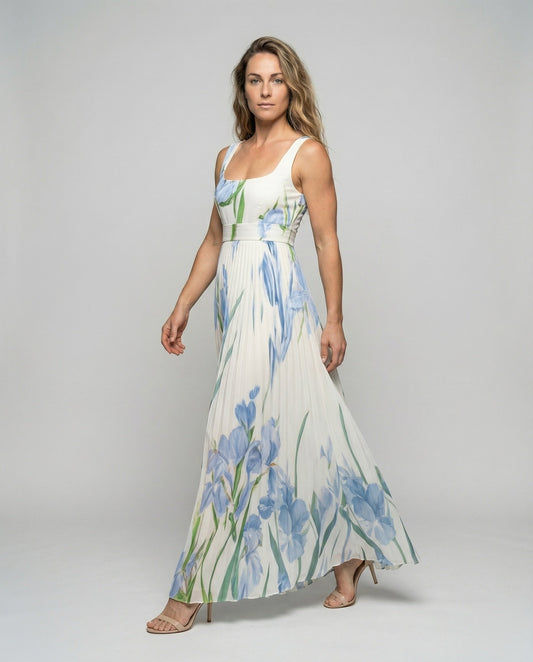 Damen Maxikleid Plissee Floral Muster mit Taillenband - Eveloria