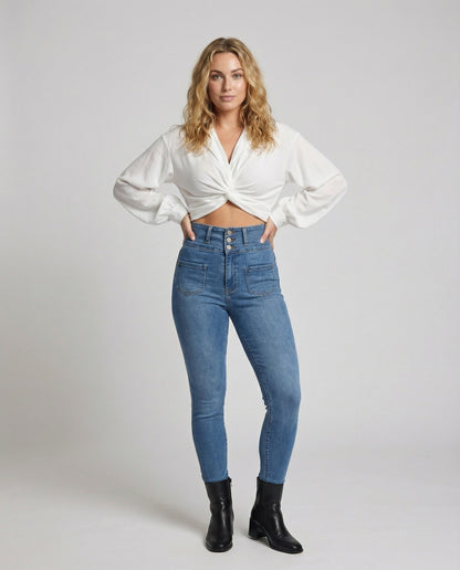 Damen Kurzbluse Geknotet Ballonärmel - Eveloria
