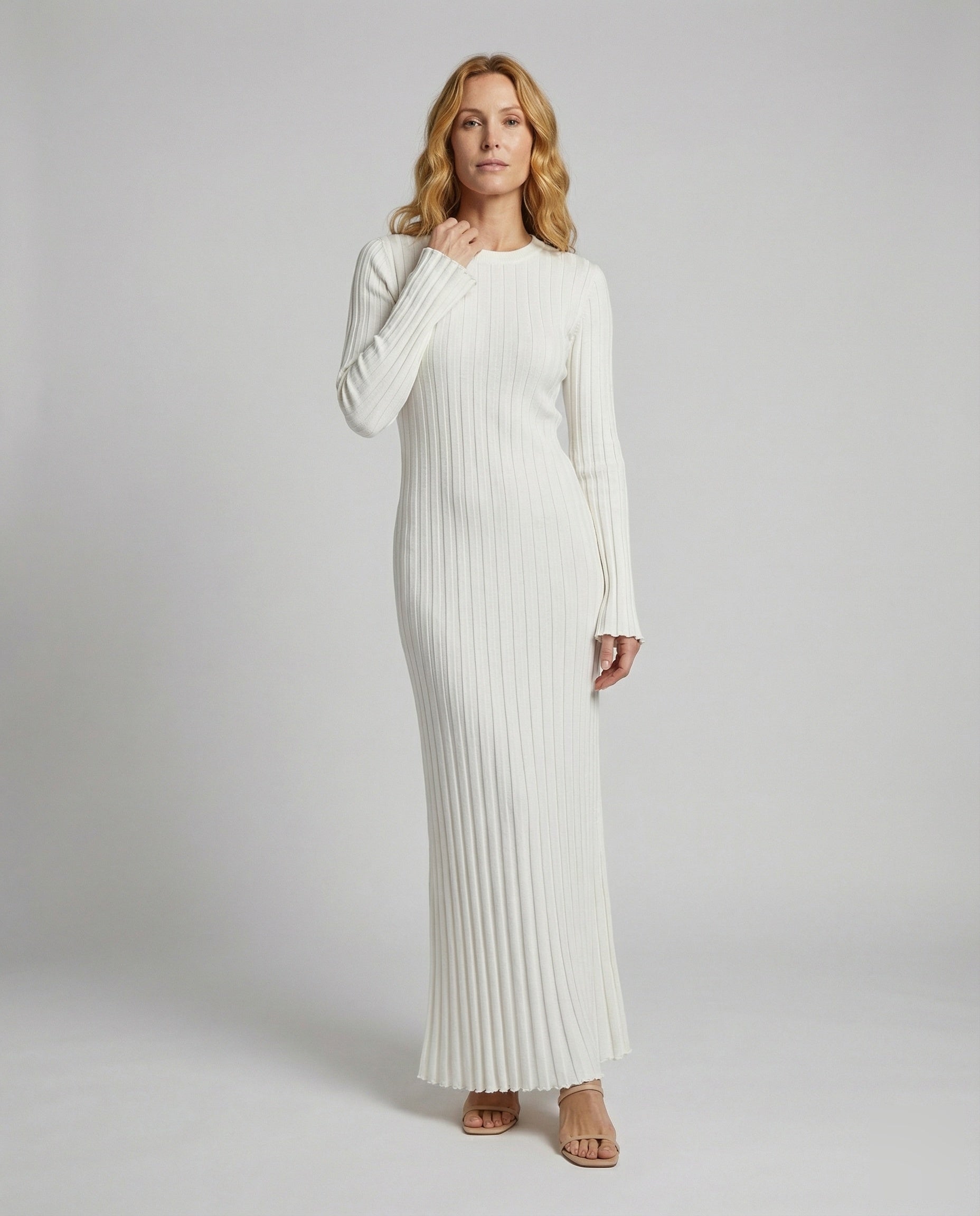 Damen Maxi-Strickkleid Feinstrick Gerippt - Eveloria