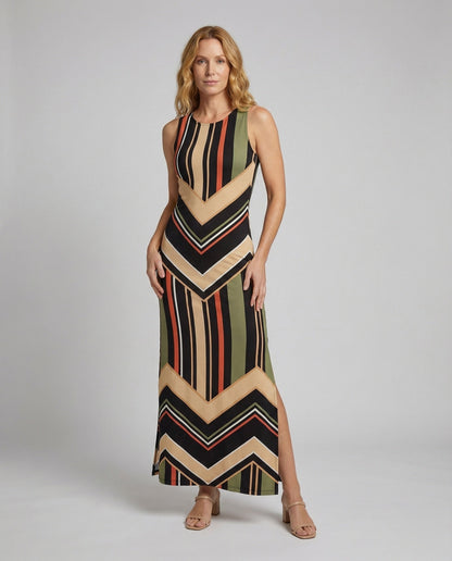 Damen Maxi-Kleid Streifen Jersey Mit Seitenschlitz - Eveloria