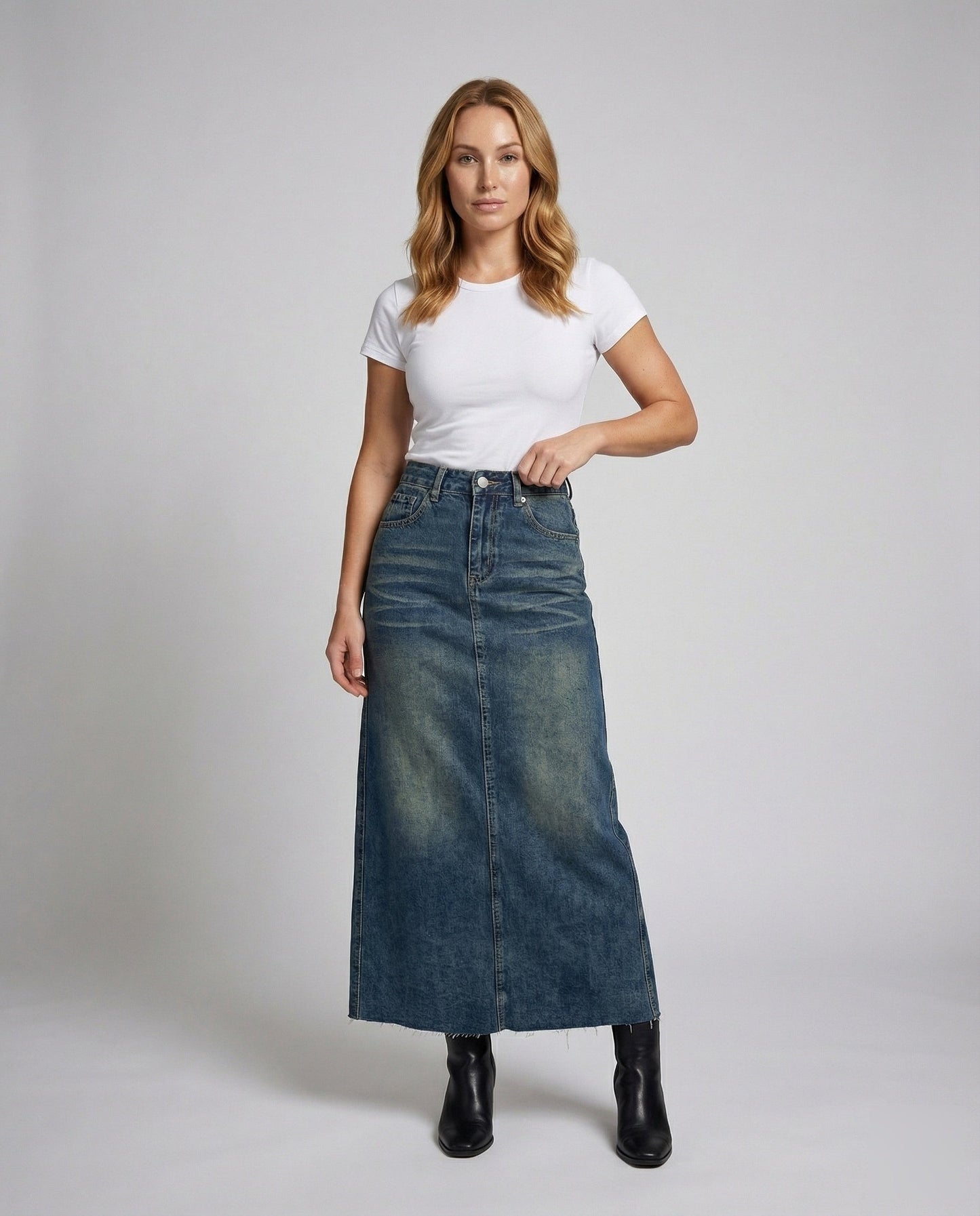 Damen High-Waist Denimrock Maxilänge - Eveloria