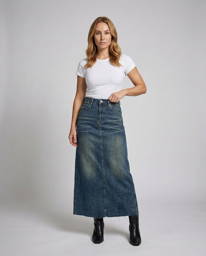 Damen High-Waist Denimrock Maxilänge - Eveloria