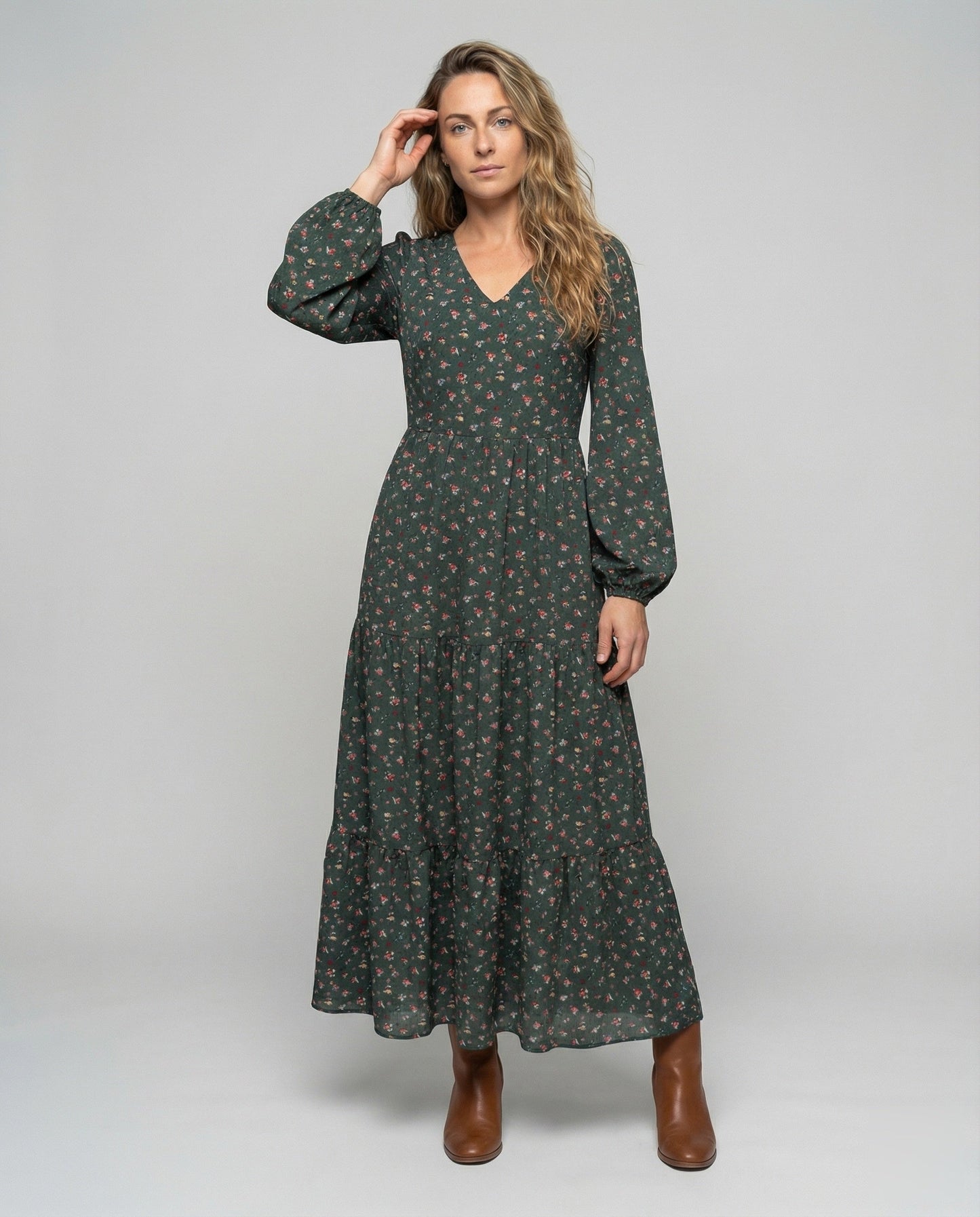 Damen Viskosemix-Kleid Lang Ballonärmel - Eveloria